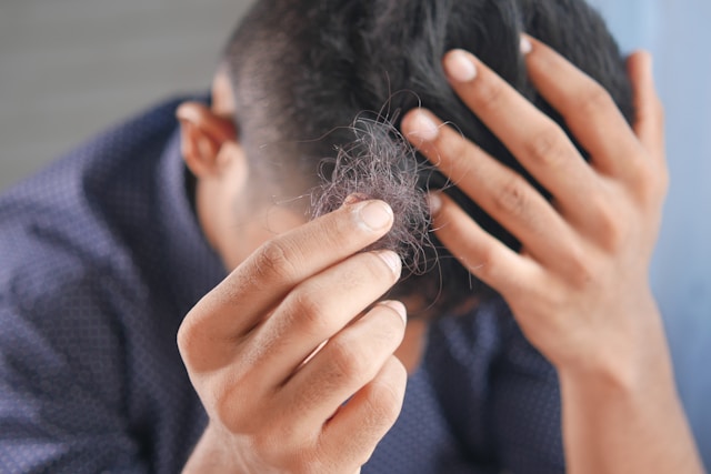 Man showing his hair and fallen hair strands
