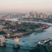 Panoramic view of London's skyline featuring iconic buildings like the Shard and the London Eye against a clear sky