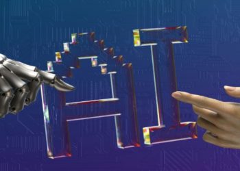 Illustration of AI technology transforming the workplace, showcasing robots and humans collaborating on tasks.