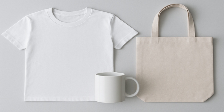 White T-shirt, plain mug, and beige tote bag are arranged on a light gray background. The minimalistic style conveys simplicity and calmness.