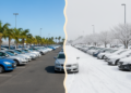 Cars parked in an off-site airport parking lot in summer and winter.