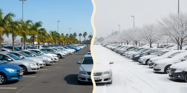 Cars parked in an off-site airport parking lot in summer and winter.