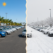 Cars parked in an off-site airport parking lot in summer and winter.