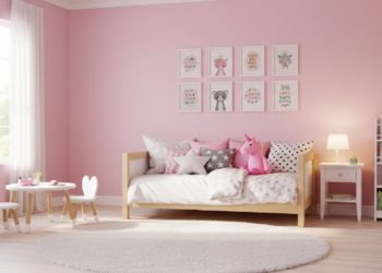 Cozy pink children's room with wall art, a daybed covered in cushions and a pink unicorn plushie. A small round table and chairs sit by a window. A bookshelf and nightstand with a lamp complete the inviting, playful space.