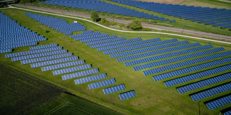 Aerial view of a vast solar farm with rows of blue solar panels on lush green grass. A winding dirt path and a train track run through the scene, evoking progress and sustainability.