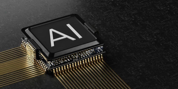 Microchip with the letters "AI" is resting on a dark, textured surface. Gold circuit lines extend from the chip, portraying a high-tech, futuristic feel.