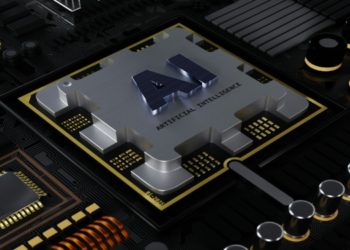 Close-up of a dark circuit board with a central metallic chip labeled "AI" and "Artificial Intelligence." Sleek, modern, and high-tech design.
