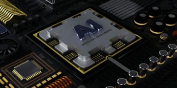 Close-up of a dark circuit board with a central metallic chip labeled "AI" and "Artificial Intelligence." Sleek, modern, and high-tech design.