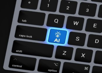 Keyboard featuring a glowing blue key labeled "AI" with a robot icon, surrounded by black keys. The image conveys a futuristic and tech-centric theme.