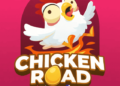 Cartoon chicken with wide eyes jumps joyfully on a pink background above the bold words "Chicken Road." A UK flag is beneath the text.