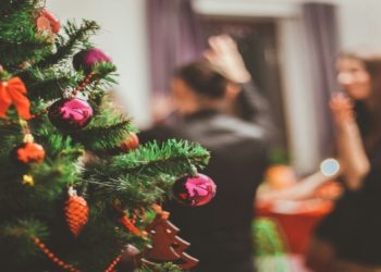 Close-up of a decorated Christmas tree with red and pink ornaments, blurred background of people socializing and celebrating in festive atmosphere.