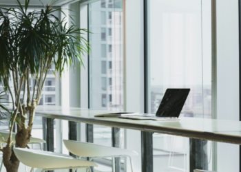 Modern office with large windows, a laptop on a sleek desk, surrounded by minimalist white chairs. A potted plant adds a touch of nature. Bright, airy ambiance.