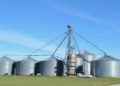 Row of large metal grain silos and an elevator stand on a flat grassy field under a clear blue sky, conveying an industrial yet peaceful rural scene.