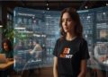 Young woman in a "BizBet" t-shirt stands in a modern office. Holographic sports data displays around her. Colleagues work at computers in the background.