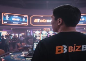 Person wearing a "BizBet" shirt stands in a lively casino. Bright slot machines and digital displays create an energetic, bustling atmosphere.