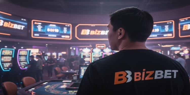 Person wearing a "BizBet" shirt stands in a lively casino. Bright slot machines and digital displays create an energetic, bustling atmosphere.