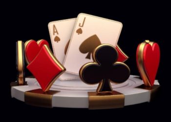 Set of playing cards with an Ace and Jack of Spades sit on poker chips, surrounded by red hearts, diamonds, and a black club symbol, conveying a casino vibe.