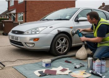 Man in a safety vest polishes a silver car on a residential street. Nearby, tools and car repair materials are laid out on a tarp, conveying a focused DIY atmosphere.