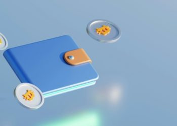 Crypto Wallet Digital illustration featuring a blue wallet with a brown clasp hovering in a minimalistic blue space. Three coins with currency symbols float around it.