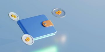 Crypto Wallet Digital illustration featuring a blue wallet with a brown clasp hovering in a minimalistic blue space. Three coins with currency symbols float around it.