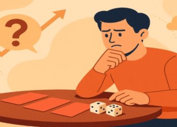Illustration of a pensive person sitting at a table with dice and cards, symbolizing decision-making. A question mark and upward arrow imply uncertainty.