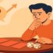 Illustration of a pensive person sitting at a table with dice and cards, symbolizing decision-making. A question mark and upward arrow imply uncertainty.