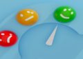 Blue background features a gauge with three faces: red sad, yellow neutral, and green happy. The needle points to the green happy face, conveying satisfaction.