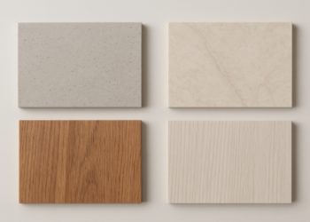 Four rectangular material samples are arranged in a grid on a light surface. Top left: gray speckled; top right: beige marble; bottom left: reddish wood; bottom right: light wood.