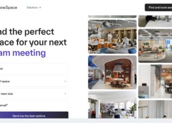 FlowSpace webpage with text 'Find the perfect space for your next team meeting.' Features modern office images, booking form, and button