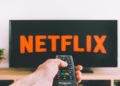 Hand holding a remote points towards a TV displaying the Netflix logo in bold red letters. Two potted plants sit on the wooden TV stand, creating a cozy ambiance.