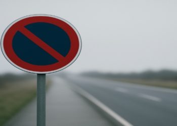 No parking sign stands beside an empty, foggy road. The muted tones convey a sense of isolation and calm on the misty, deserted highway.