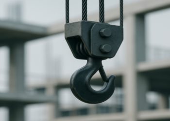 Close-up of a black crane hook suspended by cables, with a blurred background of an unfinished concrete building, conveying an industrial tone.