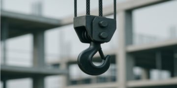 Close-up of a black crane hook suspended by cables, with a blurred background of an unfinished concrete building, conveying an industrial tone.