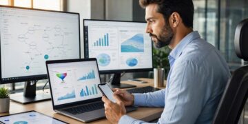 Businessman checking a smartphone at a desk with analytics dashboards on his laptop and monitors