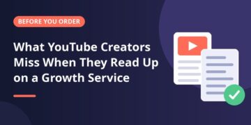 Creator video card and expert article with a check mark, for a guide on researching a YouTube growth service