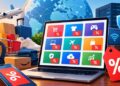 Laptop showing coupon categories for shopping, travel, gaming, VPN and trading deals, surrounded by discount tags, parcels and a globe