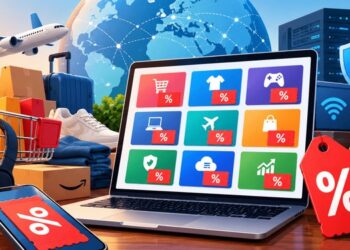Laptop showing coupon categories for shopping, travel, gaming, VPN and trading deals, surrounded by discount tags, parcels and a globe