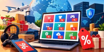 Laptop showing coupon categories for shopping, travel, gaming, VPN and trading deals, surrounded by discount tags, parcels and a globe