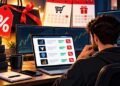 Trader at a desk comparing discounted prop firm challenge offers on a laptop, with Black Friday sale tags, calendars and trading charts