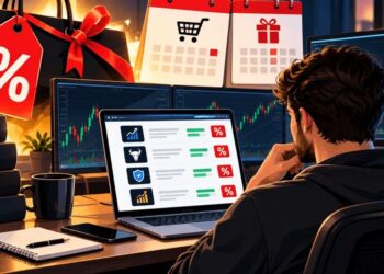 Trader at a desk comparing discounted prop firm challenge offers on a laptop, with Black Friday sale tags, calendars and trading charts