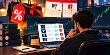 Trader at a desk comparing discounted prop firm challenge offers on a laptop, with Black Friday sale tags, calendars and trading charts