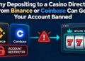 Binance and Coinbase account restricted warning next to an online casino slot machine