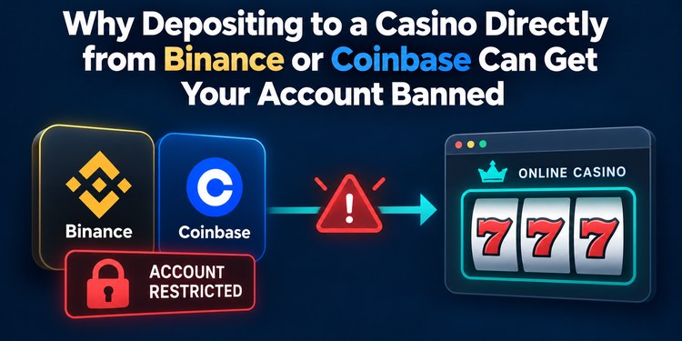 Binance and Coinbase account restricted warning next to an online casino slot machine