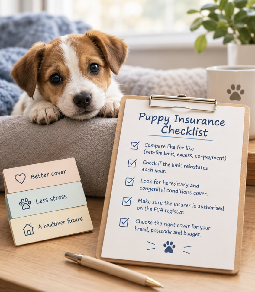 Puppy owner reviewing UK pet insurance prices and cover options