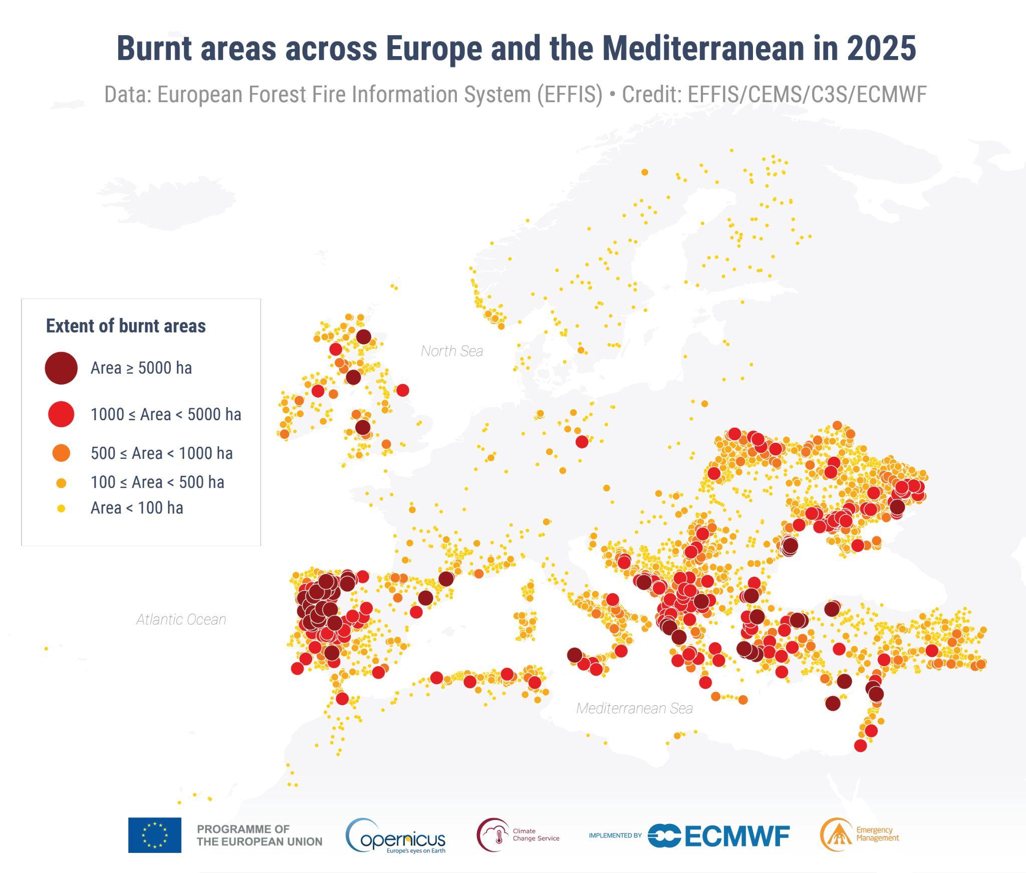 Map of burnt areas across Europe and the Mediterranean in 2025 (EFFIS)