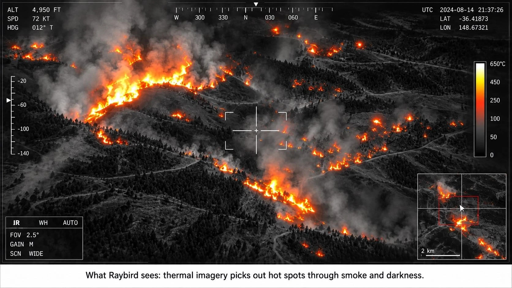 Thermal imagery from Raybird showing wildfire hot spots through smoke