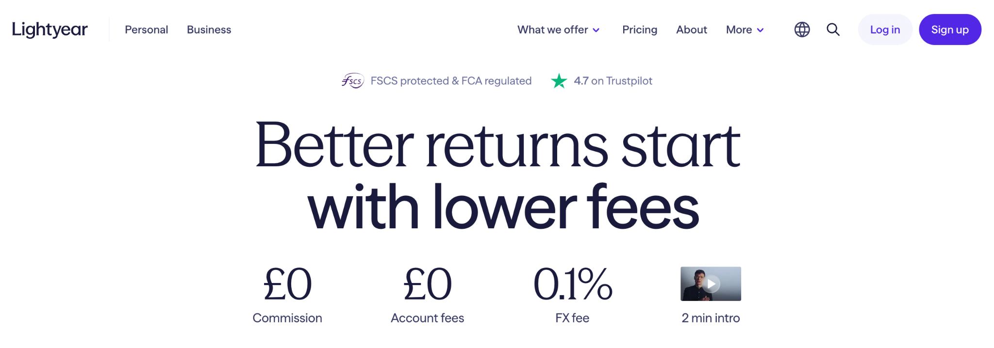 Lightyear website homepage showing commission, account and FX fees