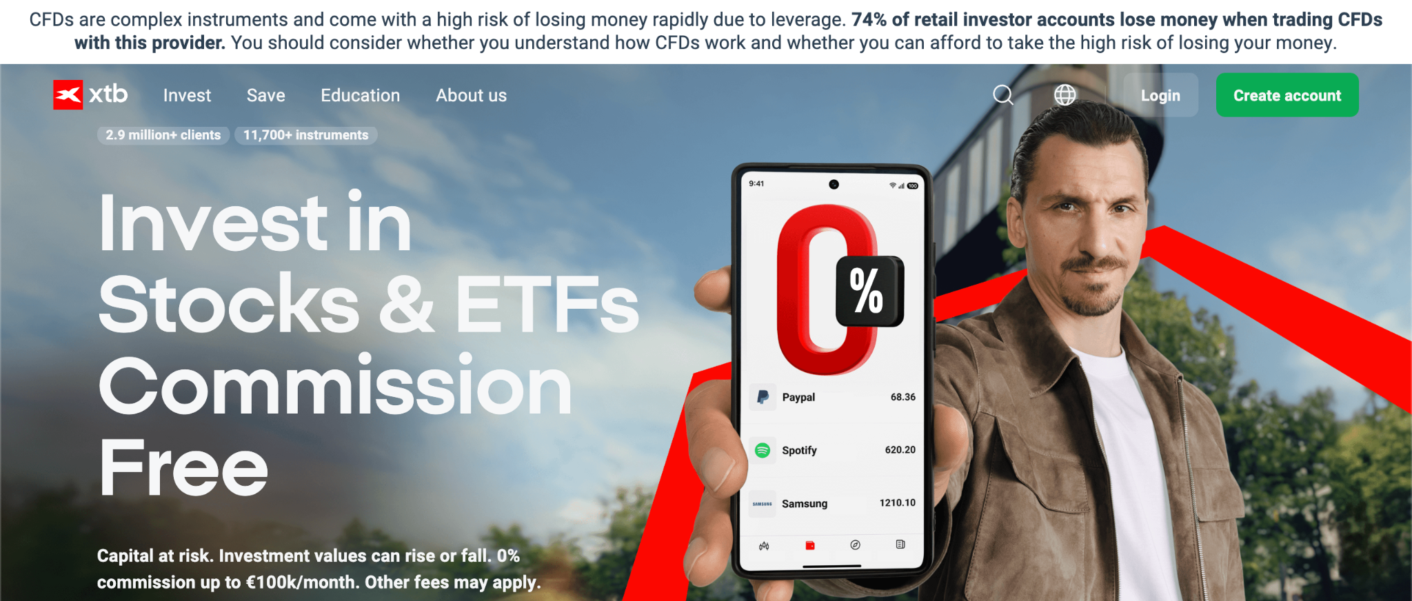 XTB UK website homepage advertising commission-free stocks and ETFs